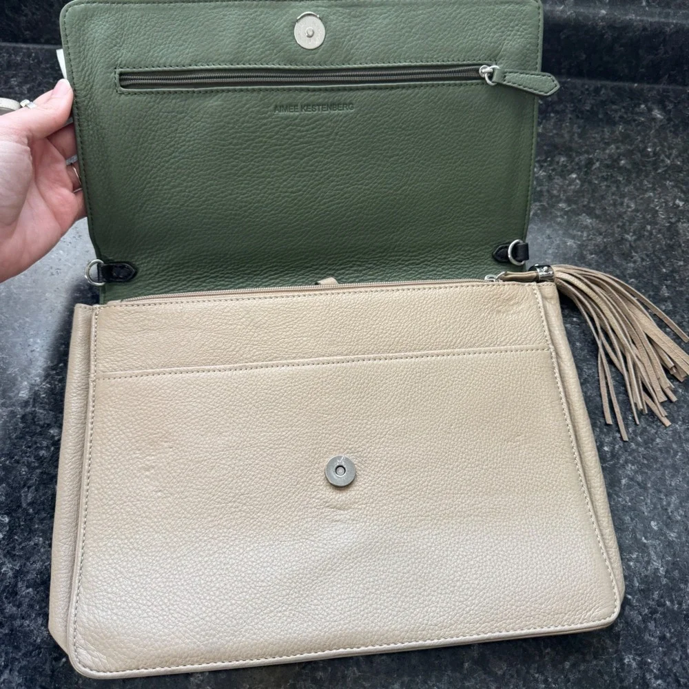 Aimee Kestenberg Pebble Leather Clutch Bag Green Beige Colorblock Tassel